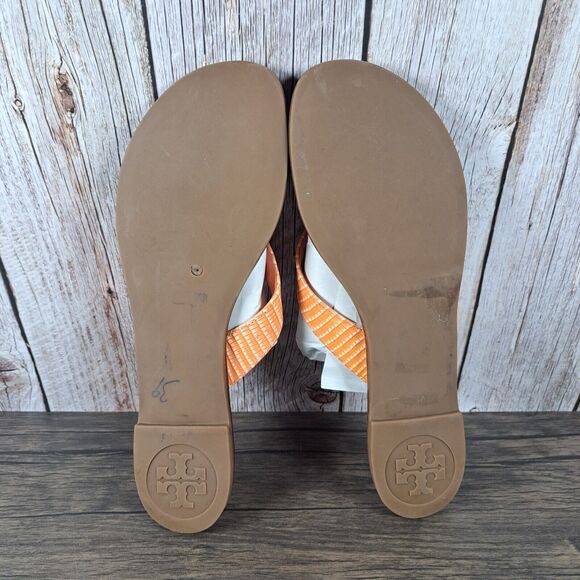 Tory Burch Thora Flip Flop Sandals Women's Sz 9 M Orange Patent Gold Logo - Picture 8 of 9
